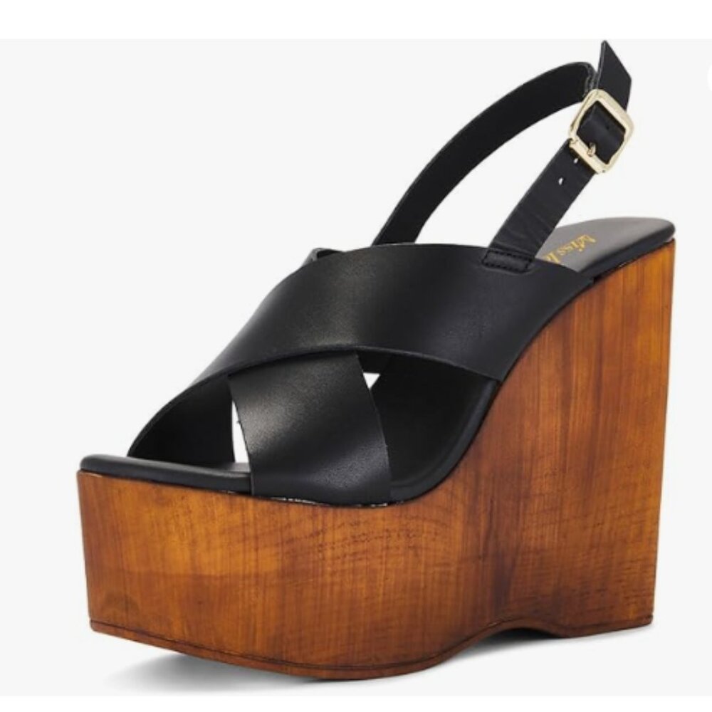 miss left Black Crisscross Strap Open Toe Slingback Sandals Wedge High Heel Shoe